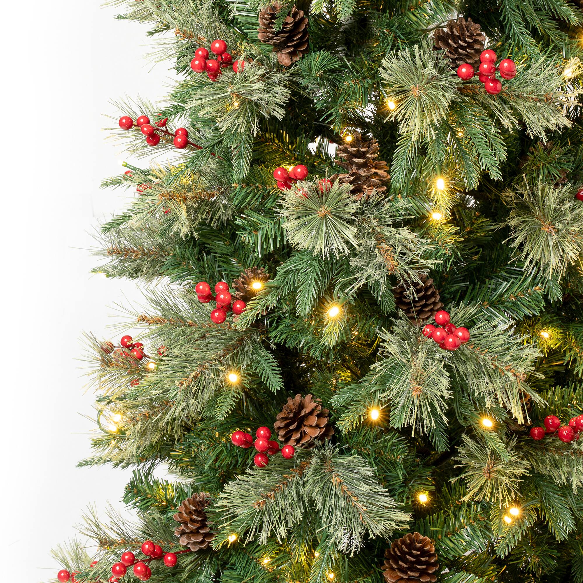 7.5ft. Pre-Lit Feel-Real® Virginia Pine Slim Artificial Christmas Tree with Berries & Pinecones, Warm White LED Lights